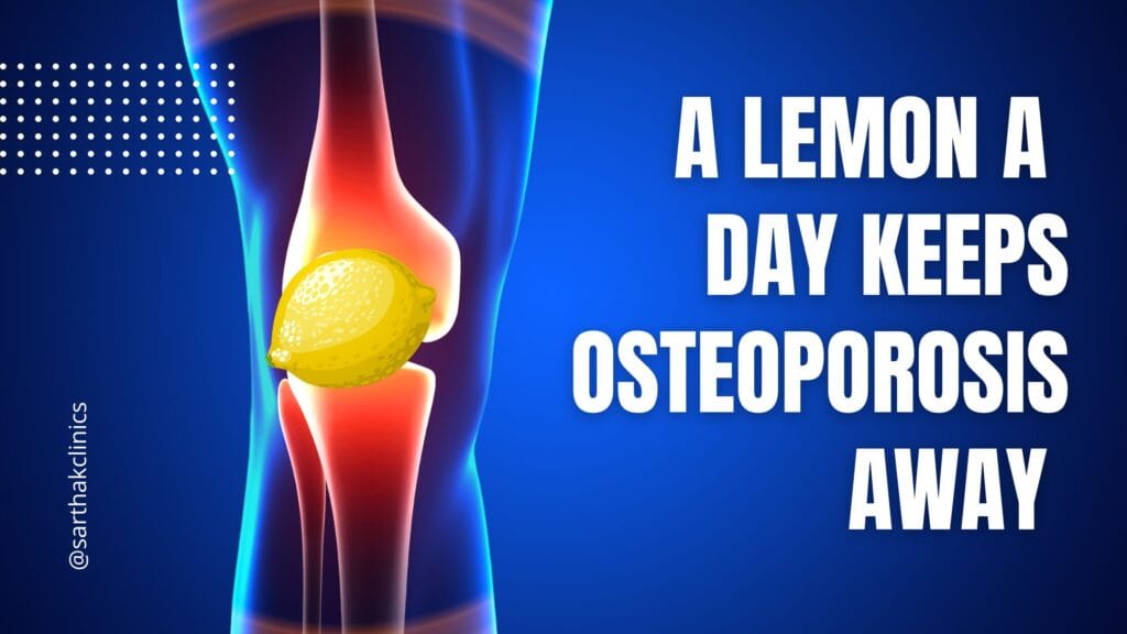 knee joint with a lemon with blue background