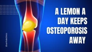 knee joint with a lemon with blue background
