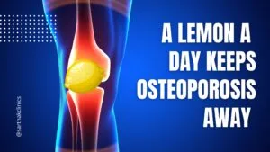 knee joint with a lemon with blue background
