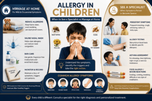 Allergy in children infographic showing home management tips such as dust control, saline nasal spray and skincare alongside specialist evaluation including allergy testing and asthma assessment.
