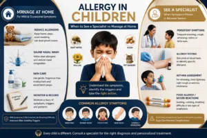 Allergy in children infographic showing home management tips such as dust control, saline nasal spray and skincare alongside specialist evaluation including allergy testing and asthma assessment.