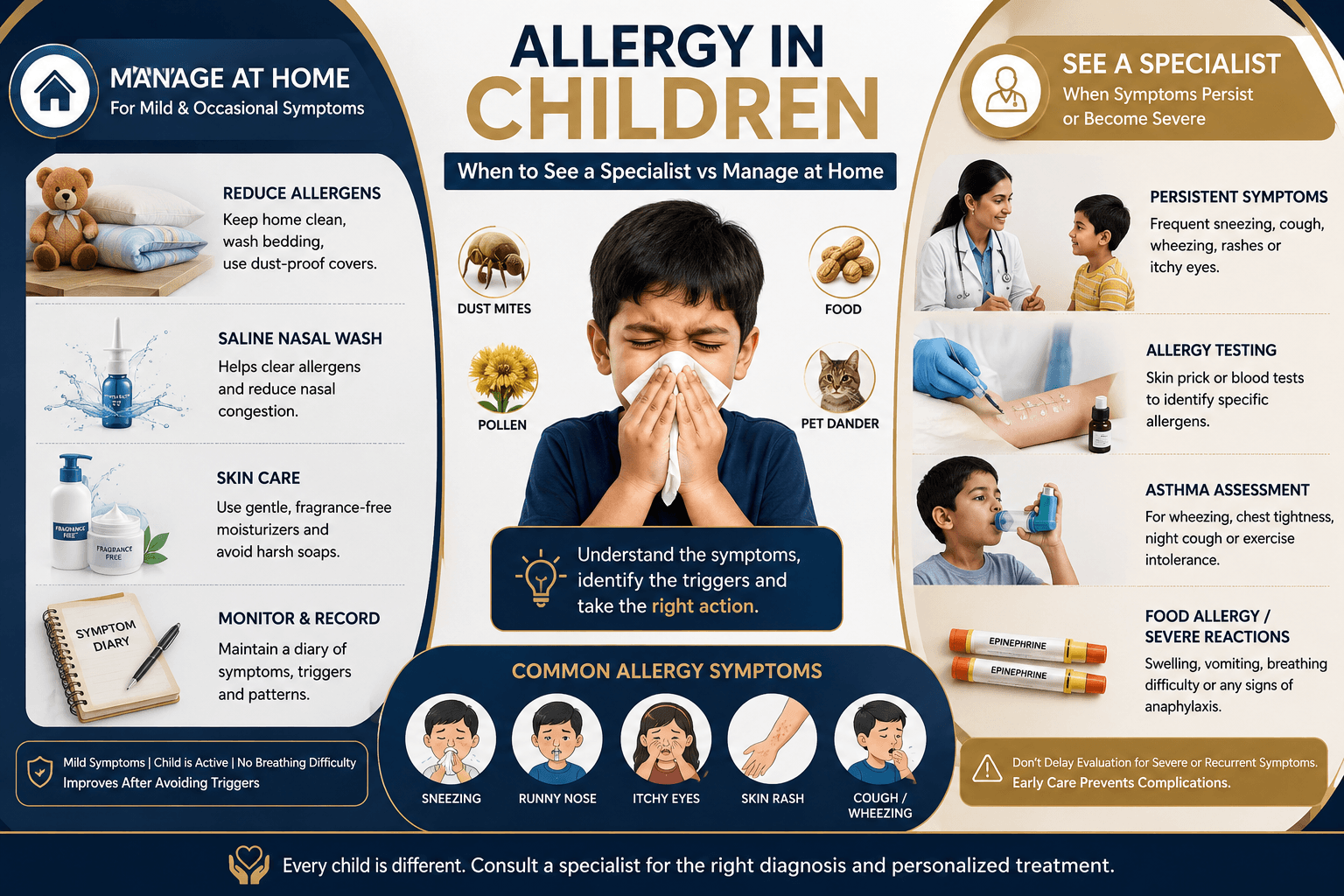 Allergy in children infographic showing home management tips such as dust control, saline nasal spray and skincare alongside specialist evaluation including allergy testing and asthma assessment.